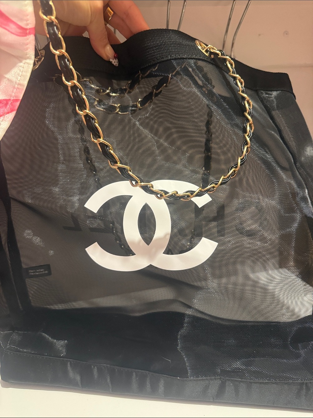 CHANEL Black Mesh Tote with White CC Logo and Gold Chain